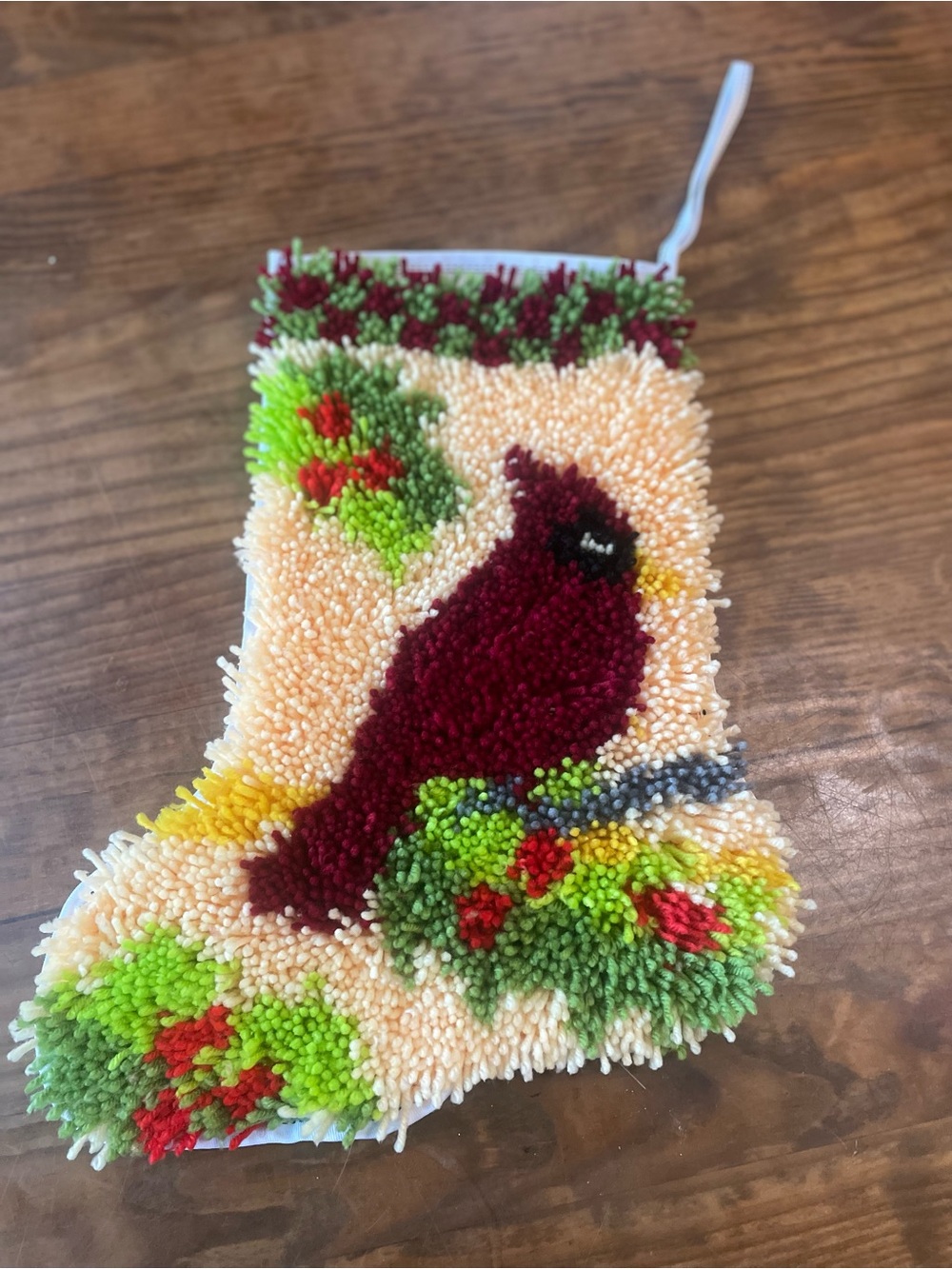 Handmade Vintage Latchhook Christmas Stocking Cardinal unique holiday decor